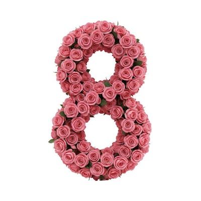 Renderização 3D do número 8 enfeitado rosas