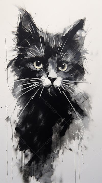 Arte de Gato Preto e Branco - Pintura Expressiva e Contemporânea