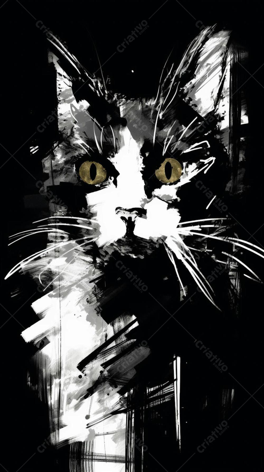 Arte de Gato Preto e Branco - Pintura Expressiva e Contemporânea