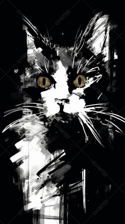 Arte de Gato Preto e Branco - Pintura Expressiva e Contemporânea