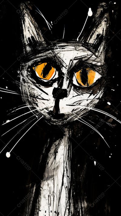 Arte de Gato Preto e Branco - Pintura Expressiva e Contemporânea