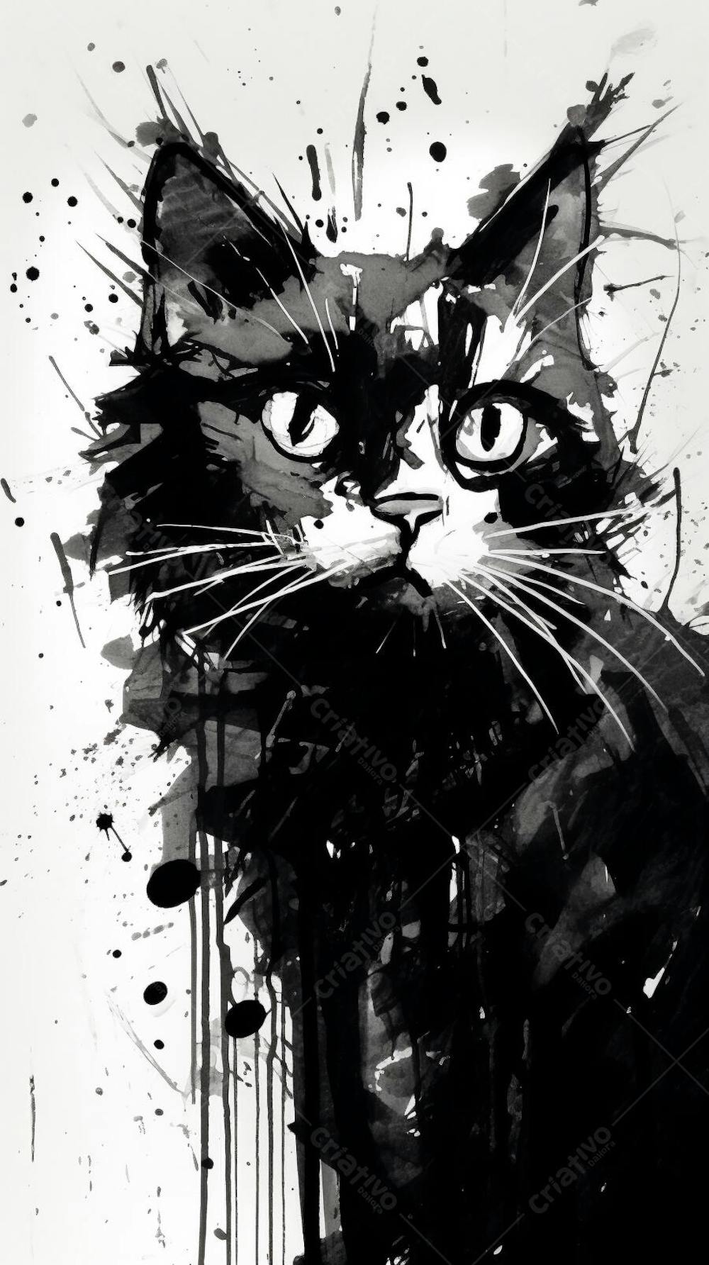 Arte de Gato Preto e Branco - Pintura Expressiva e Contemporânea