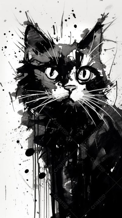 Arte de Gato Preto e Branco - Pintura Expressiva e Contemporânea