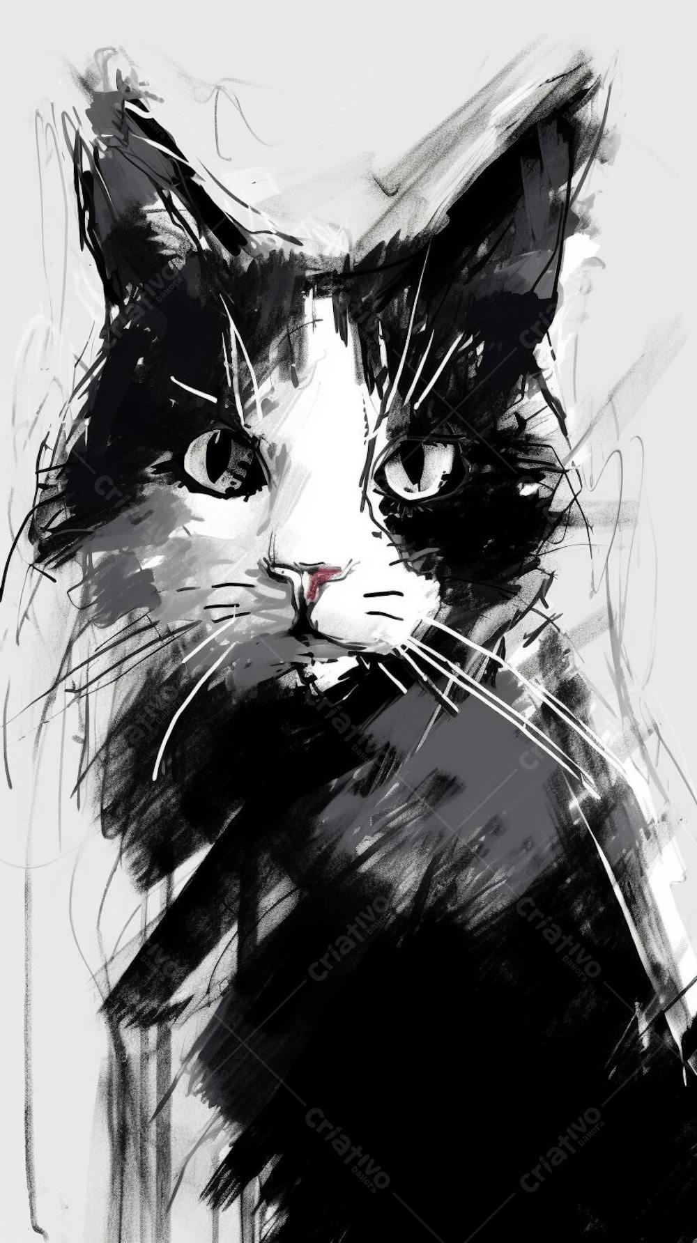 Arte de Gato Preto e Branco - Pintura Expressiva e Contemporânea