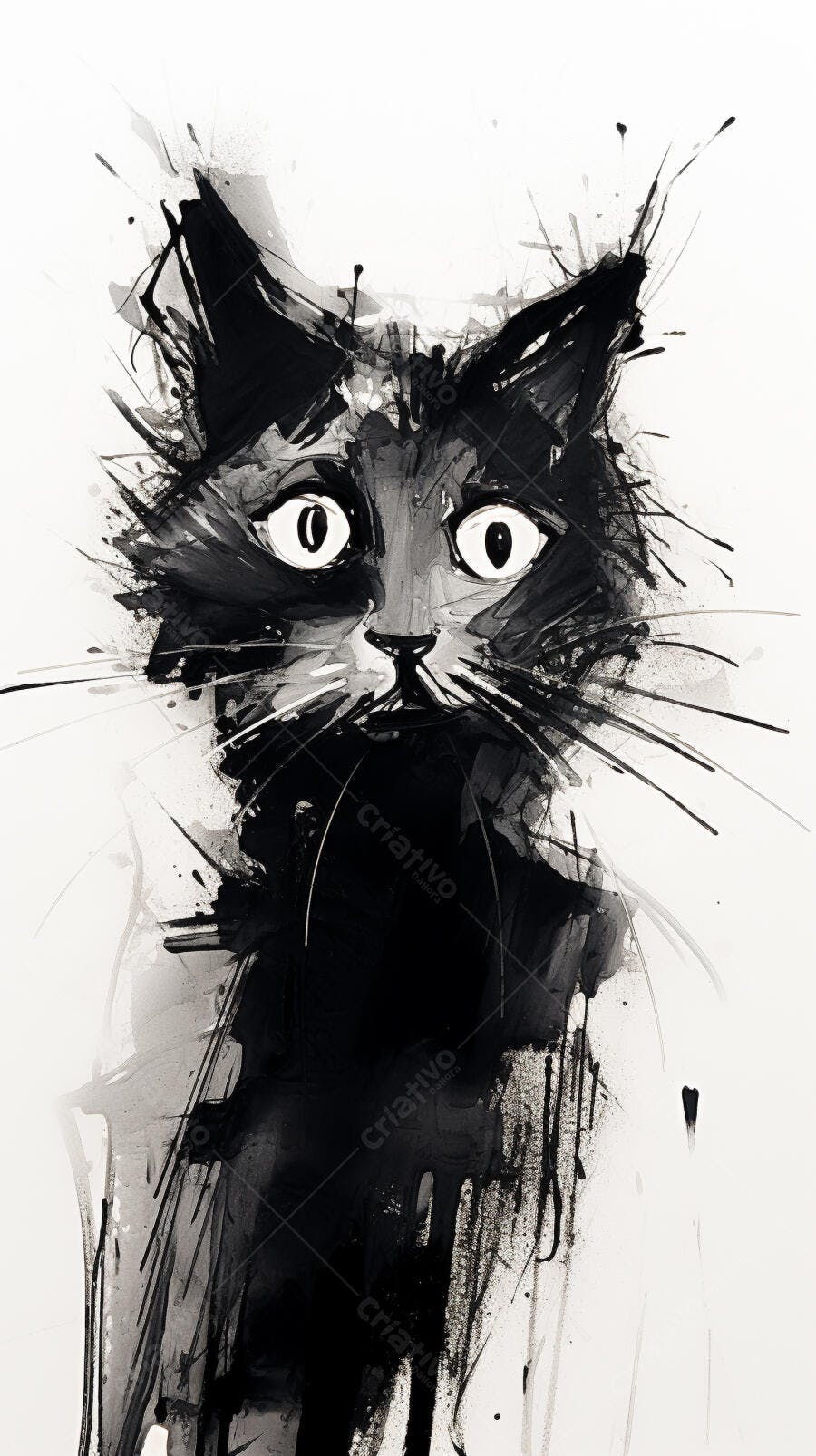 Gato preto estilo aquarela monocromático