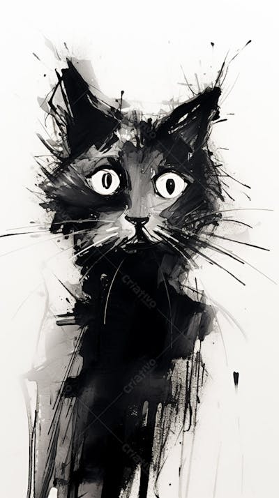 Arte de Gato Preto e Branco - Pintura Expressiva e Contemporânea