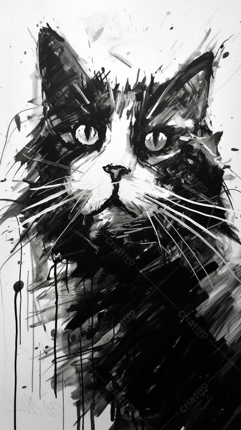 Arte de Gato Preto e Branco - Pintura Expressiva e Contemporânea