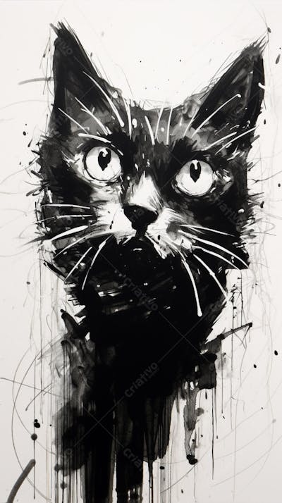 Arte de Gato Preto e Branco - Pintura Expressiva e Contemporânea