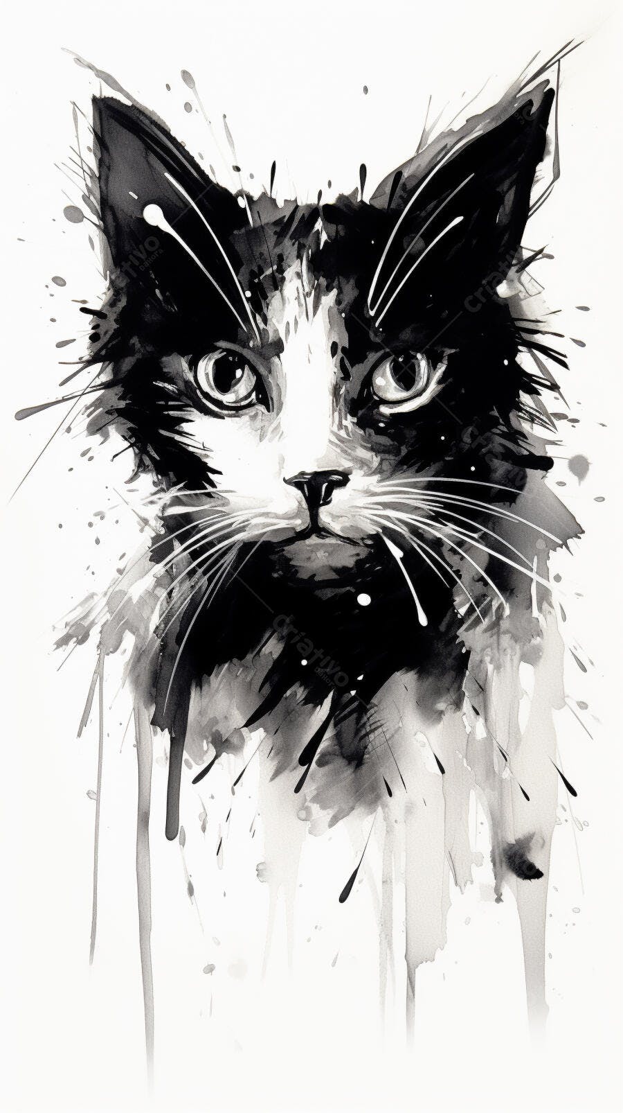 Gato Preto e Branco em Pintura Abstrata