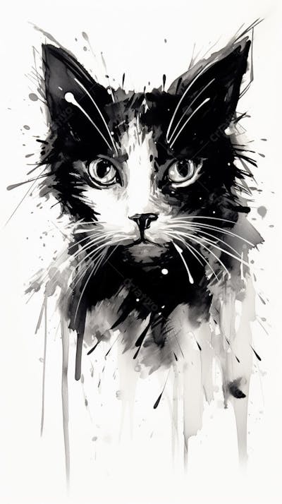 Arte de Gato Preto e Branco - Pintura Expressiva e Contemporânea