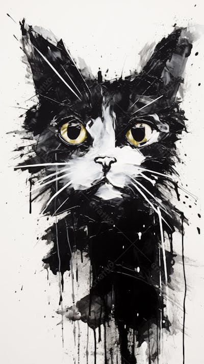 Arte de Gato Preto e Branco - Pintura Expressiva e Contemporânea
