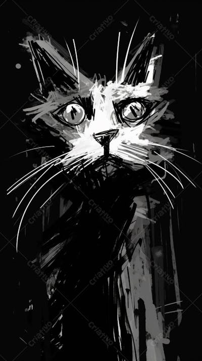 Arte de Gato Preto e Branco - Pintura Expressiva e Contemporânea