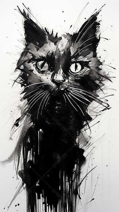 Arte de Gato Preto e Branco - Pintura Expressiva e Contemporânea