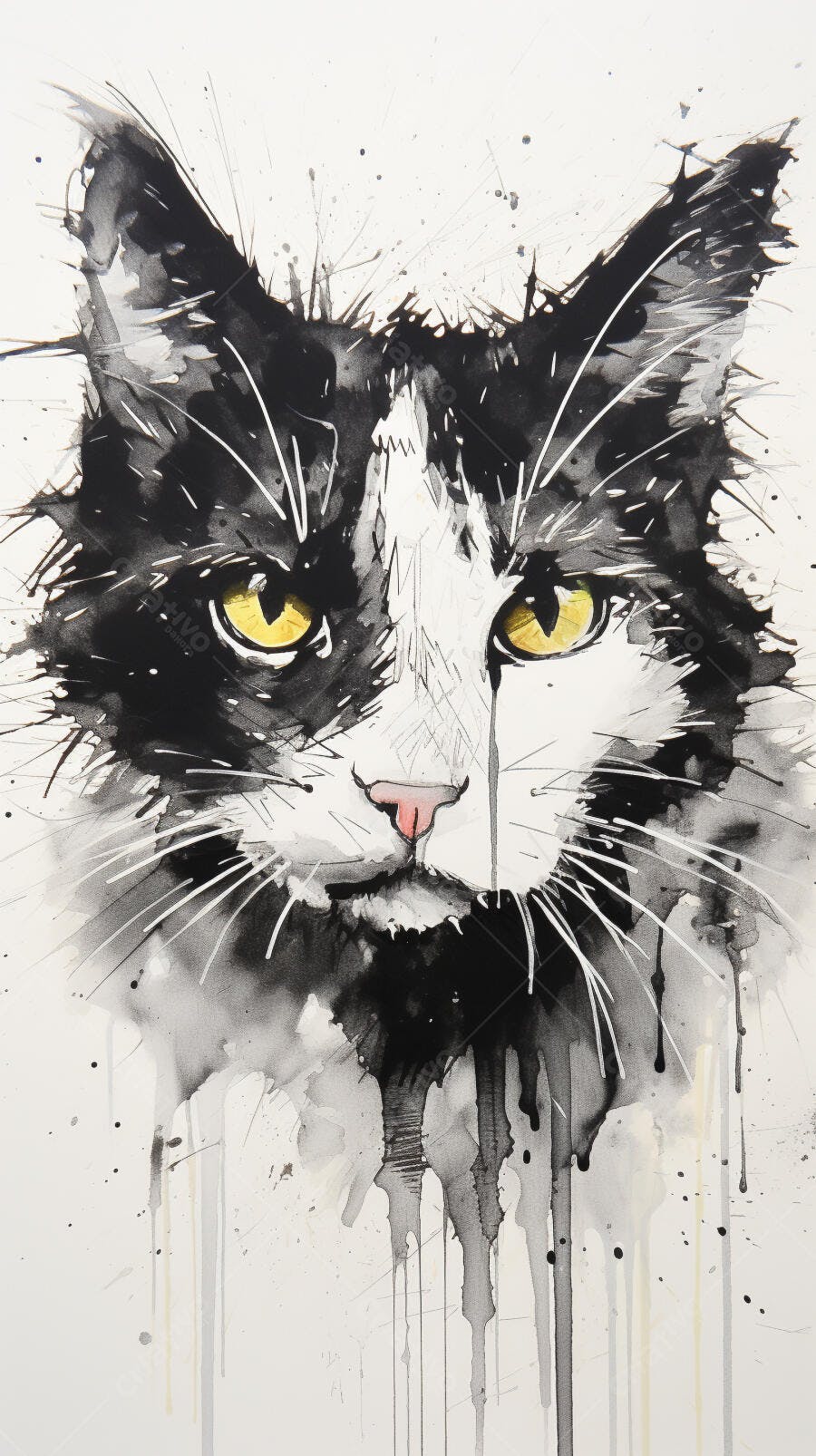 Gato Preto e Branco Olhos Amarelos Pintura Abstrata