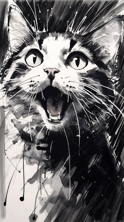 Arte de Gato Preto e Branco - Pintura Expressiva e Contemporânea