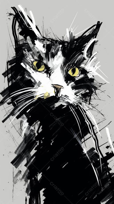 Arte de Gato Preto e Branco - Pintura Expressiva e Contemporânea