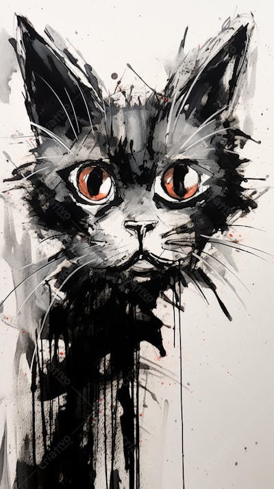 Arte de Gato Preto e Branco - Pintura Expressiva e Contemporânea
