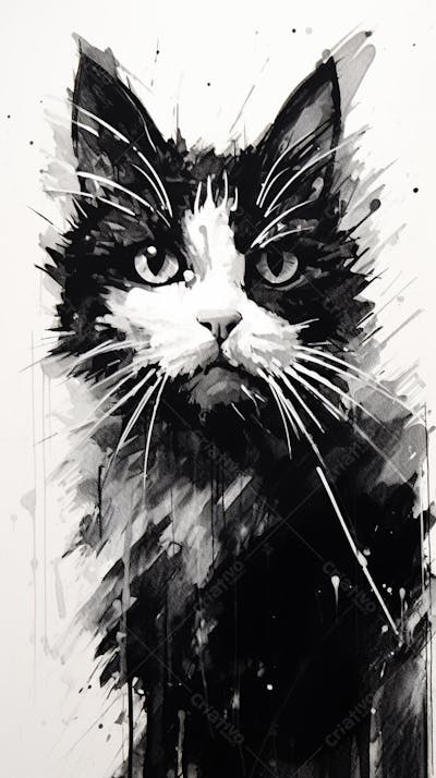 Arte de Gato Preto e Branco - Pintura Expressiva e Contemporânea