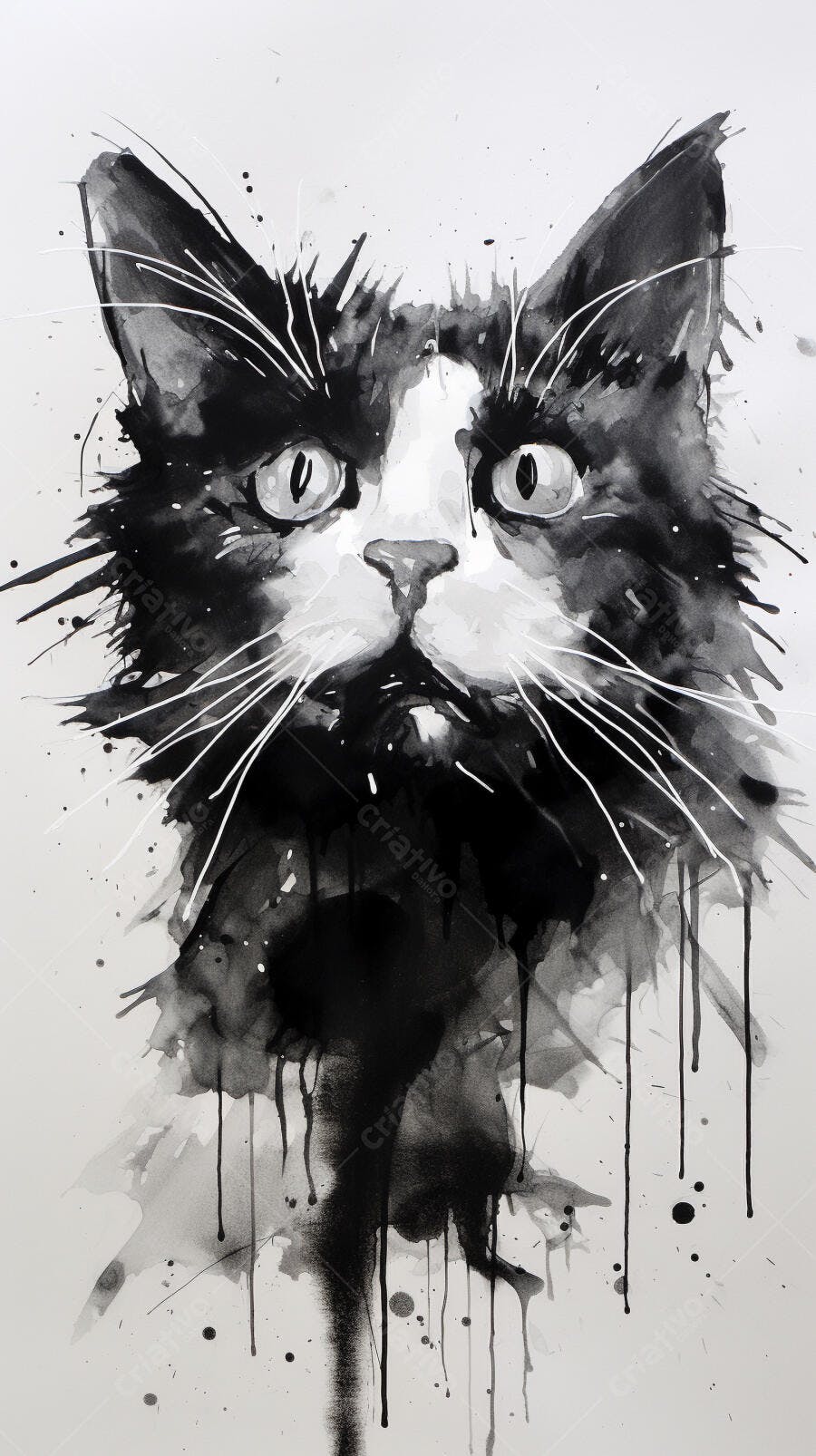 Gato bicolor em aquarela monocromática