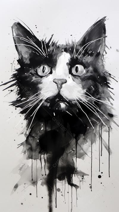 Arte de Gato Preto e Branco - Pintura Expressiva e Contemporânea