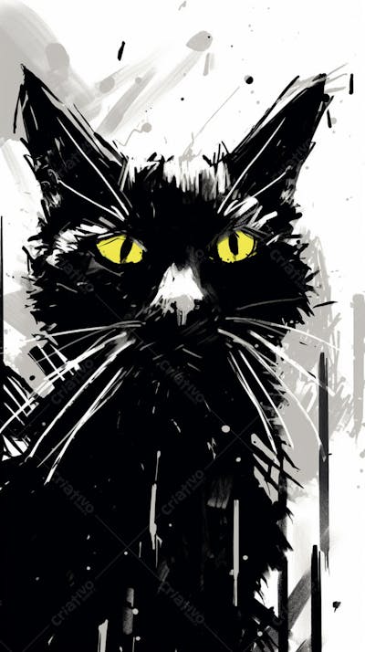 Arte de Gato Preto e Branco - Pintura Expressiva e Contemporânea