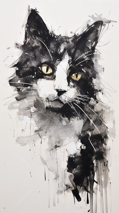 Arte de Gato Preto e Branco - Pintura Expressiva e Contemporânea