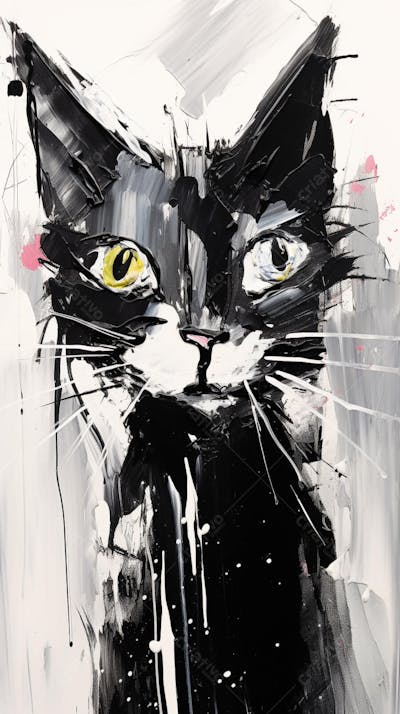 Arte de Gato Preto e Branco - Pintura Expressiva e Contemporânea