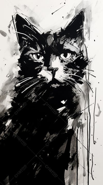 Arte de Gato Preto e Branco - Pintura Expressiva e Contemporânea