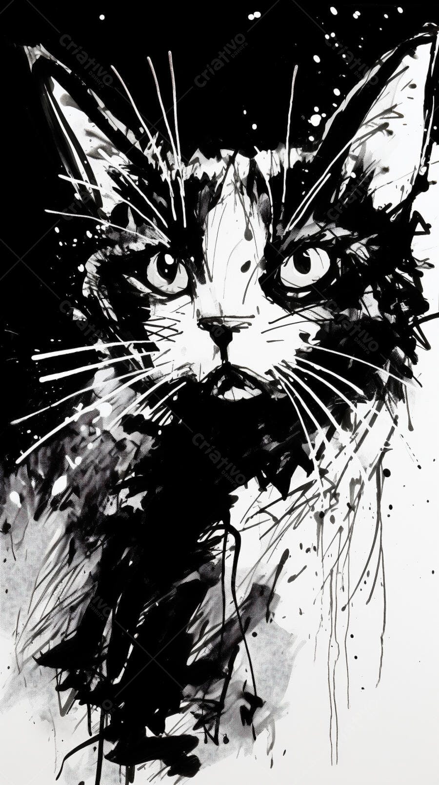 Gato em pintura monocromática abstrata