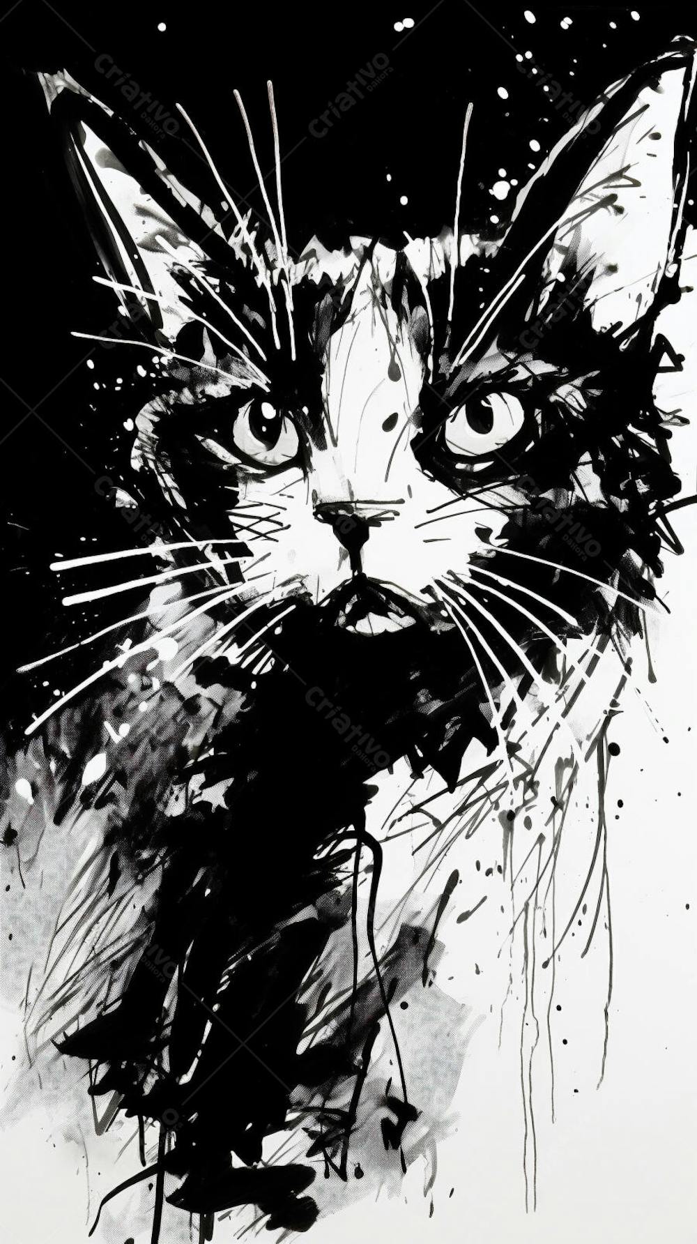 Arte de Gato Preto e Branco - Pintura Expressiva e Contemporânea