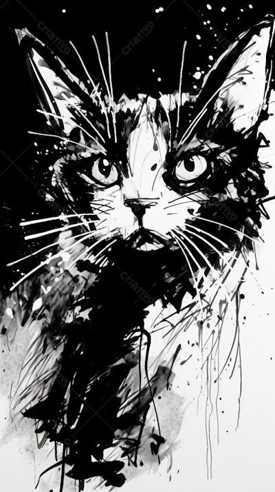 Arte de Gato Preto e Branco - Pintura Expressiva e Contemporânea