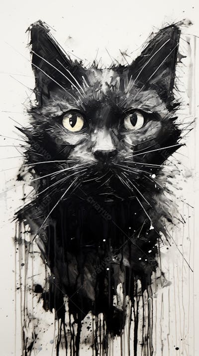 Arte de Gato Preto e Branco - Pintura Expressiva e Contemporânea