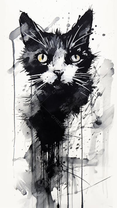 Arte de Gato Preto e Branco - Pintura Expressiva e Contemporânea