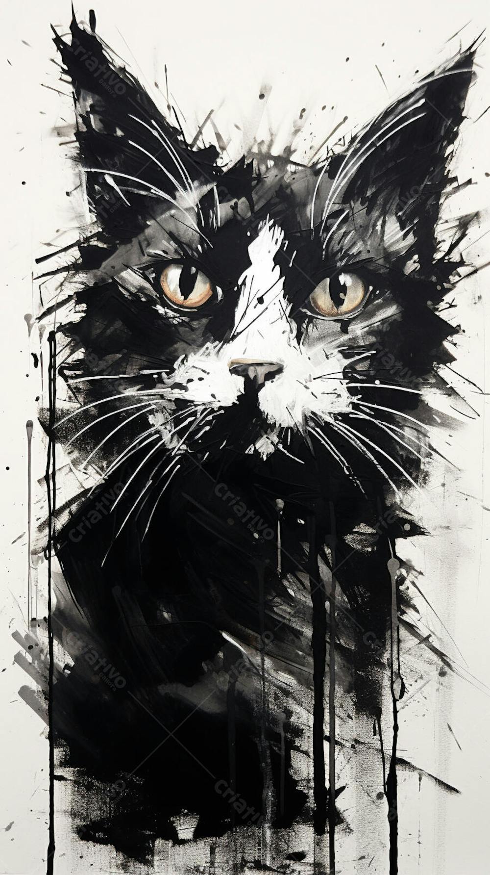 Arte de Gato Preto e Branco - Pintura Expressiva e Contemporânea