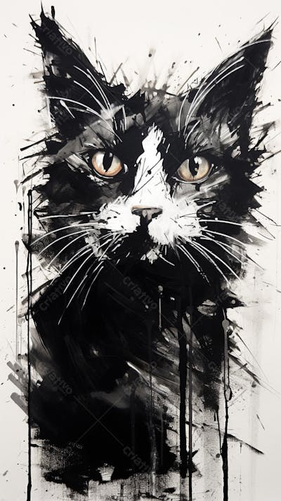 Arte de Gato Preto e Branco - Pintura Expressiva e Contemporânea