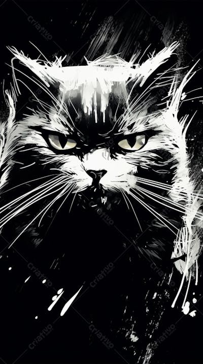 Arte de Gato Preto e Branco - Pintura Expressiva e Contemporânea