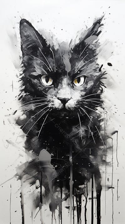 Arte de Gato Preto e Branco - Pintura Expressiva e Contemporânea