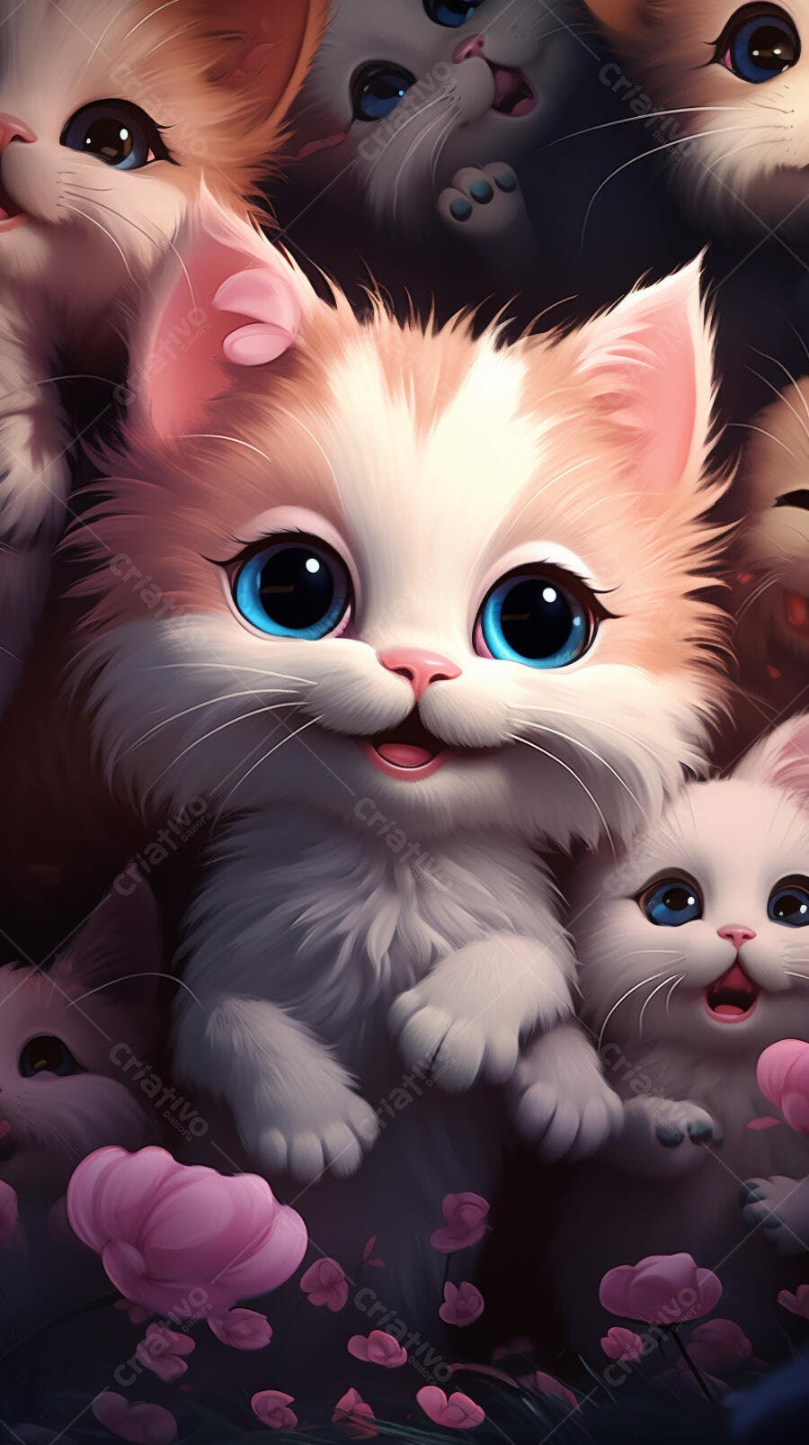Gatinhos fofos com olhos azuis em flores rosas
