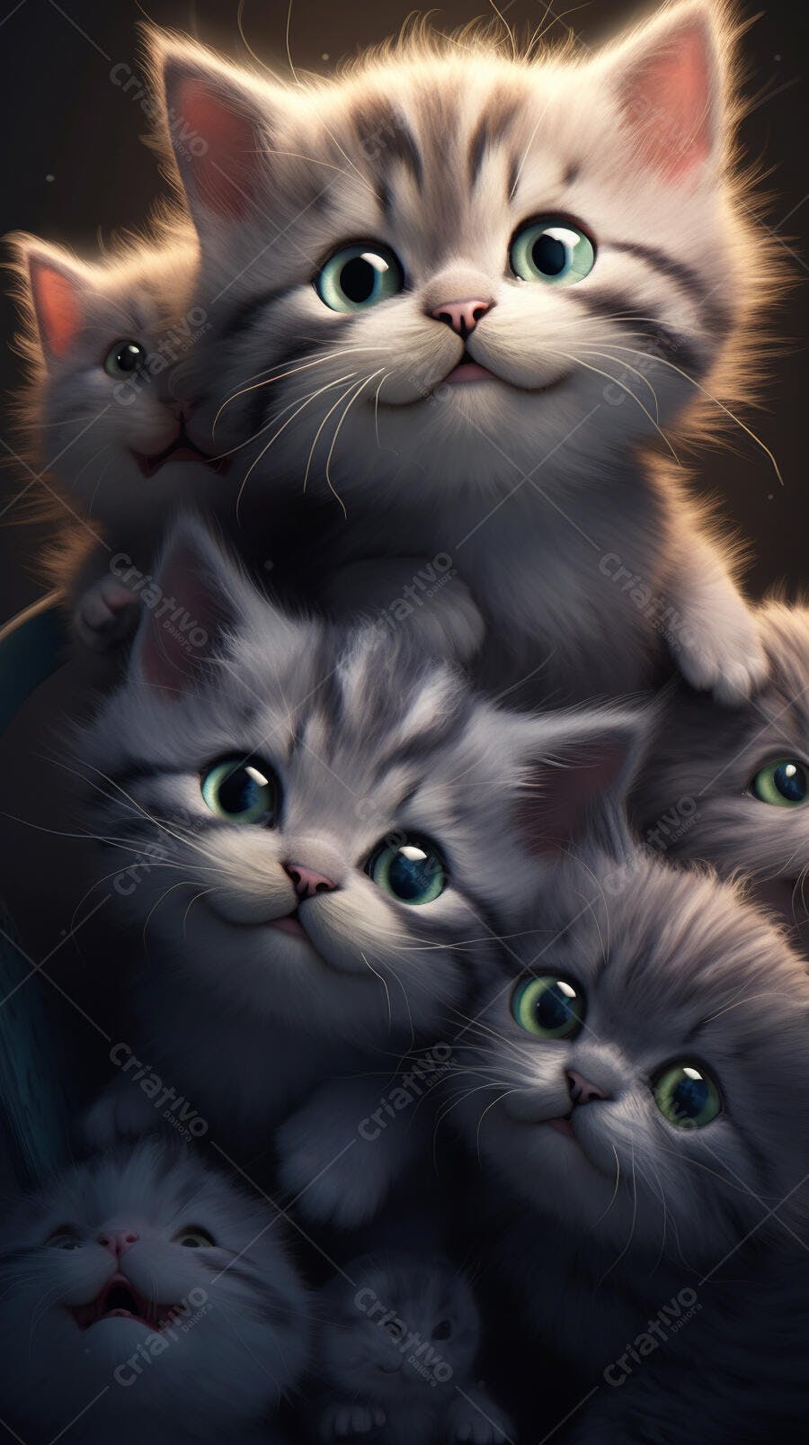 Gatinhos fofos cinza e branco em pilha