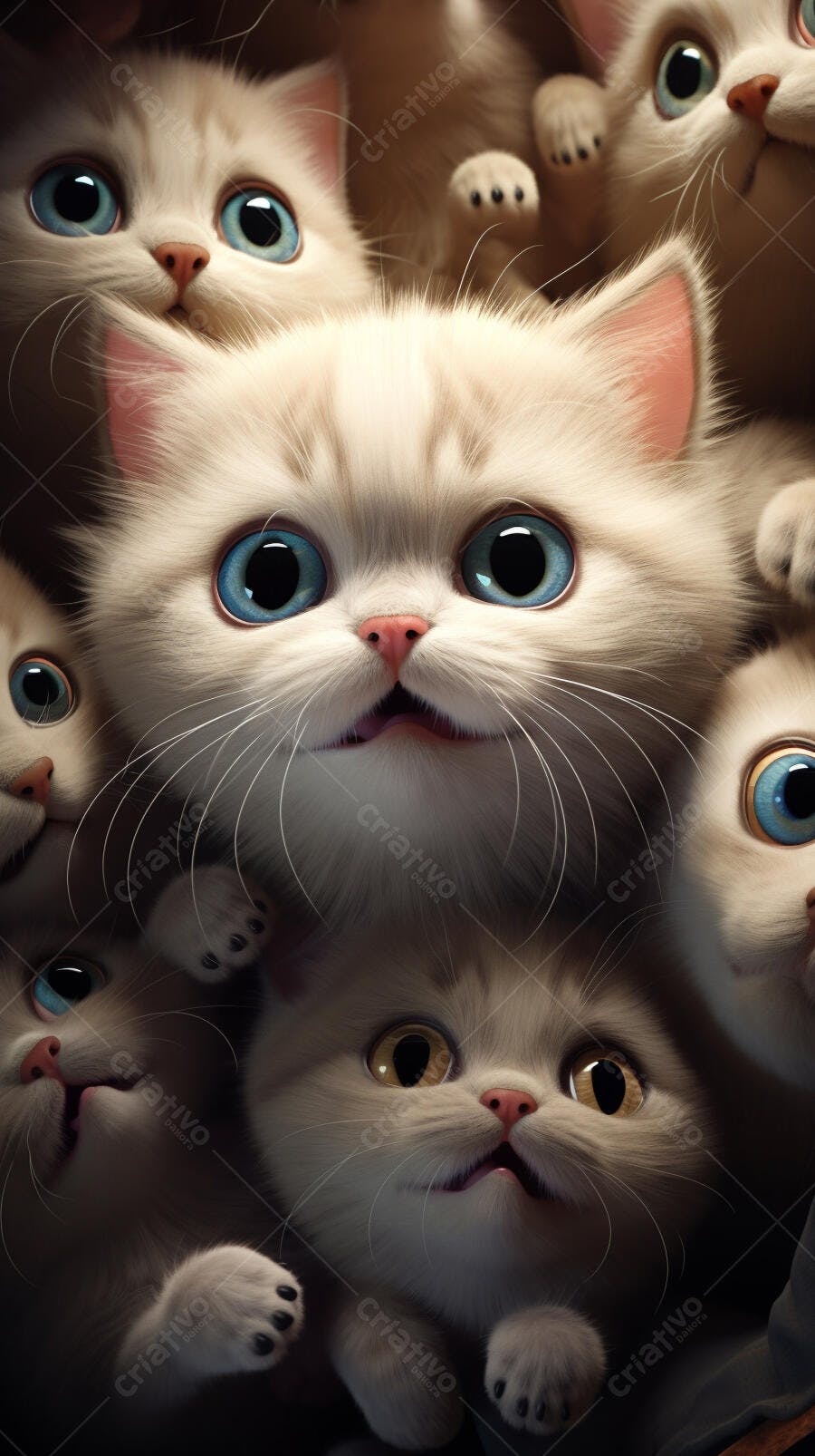Gatinhos fofos de pelos brancos e olhos azuis