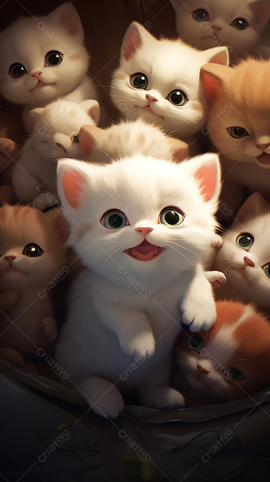 Gatinhos brancos e laranjas em cesto aconchegante