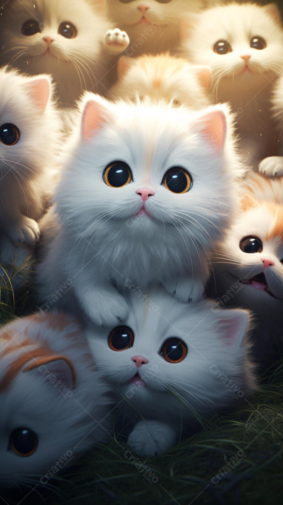 Gatinhos fofos em meio a grama