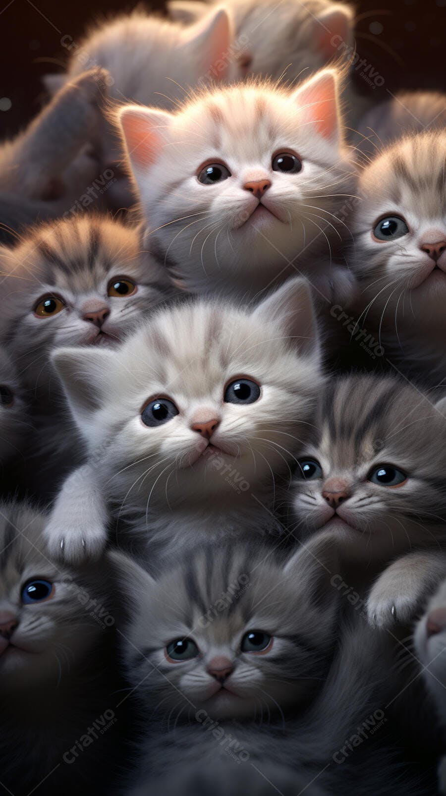Gatinhos fofos em grupo cinza e branco