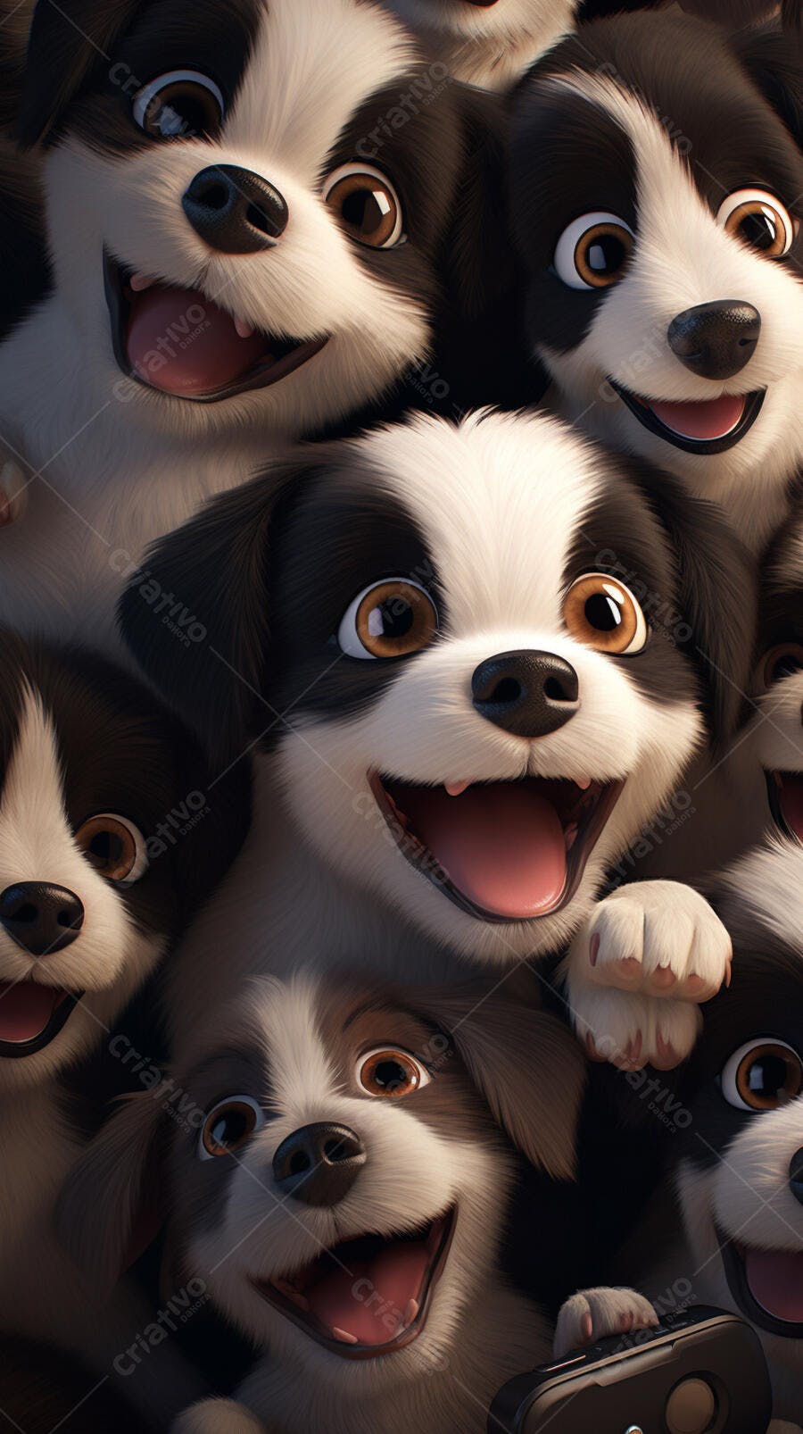 Cachorros animados selfie preto e branco