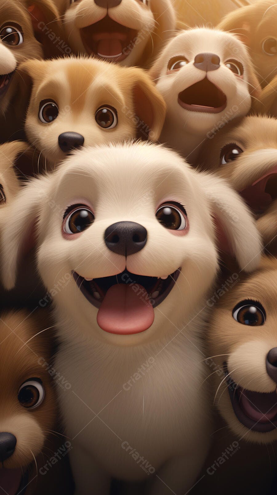 Cachorro branco feliz cercado por outros filhotes
