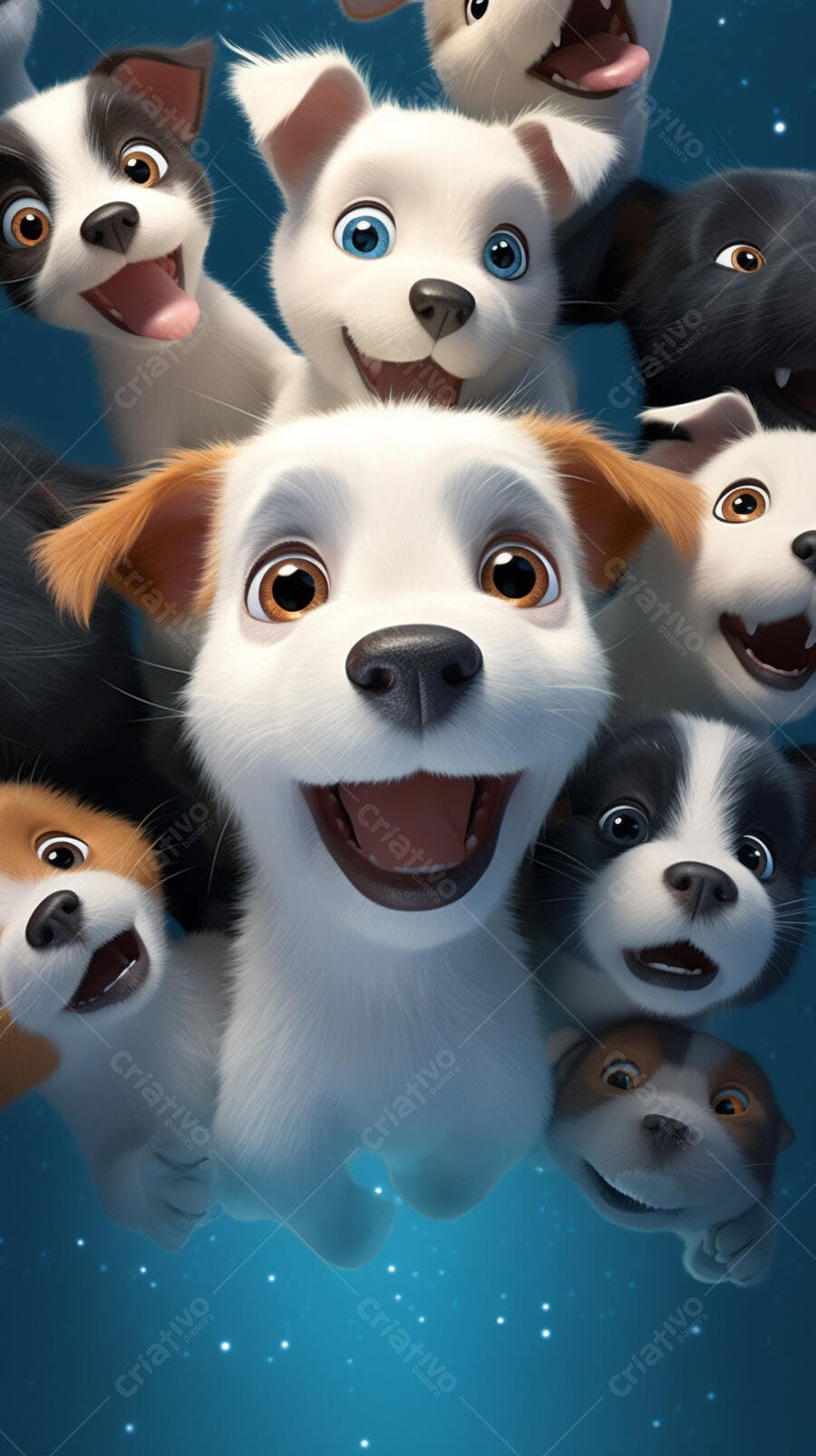 Cachorros animados sorrindo fundo azul