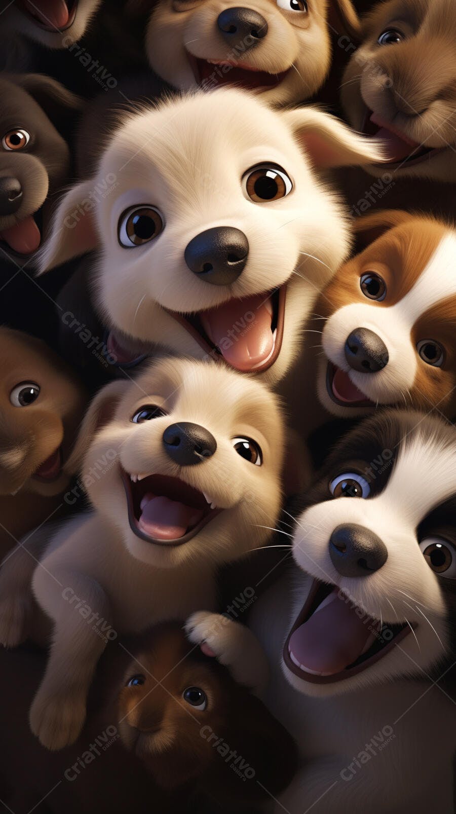 Cachorros felizes amontoados foto 3D