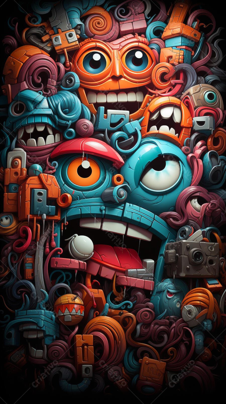 Monstros coloridos em arte abstrata