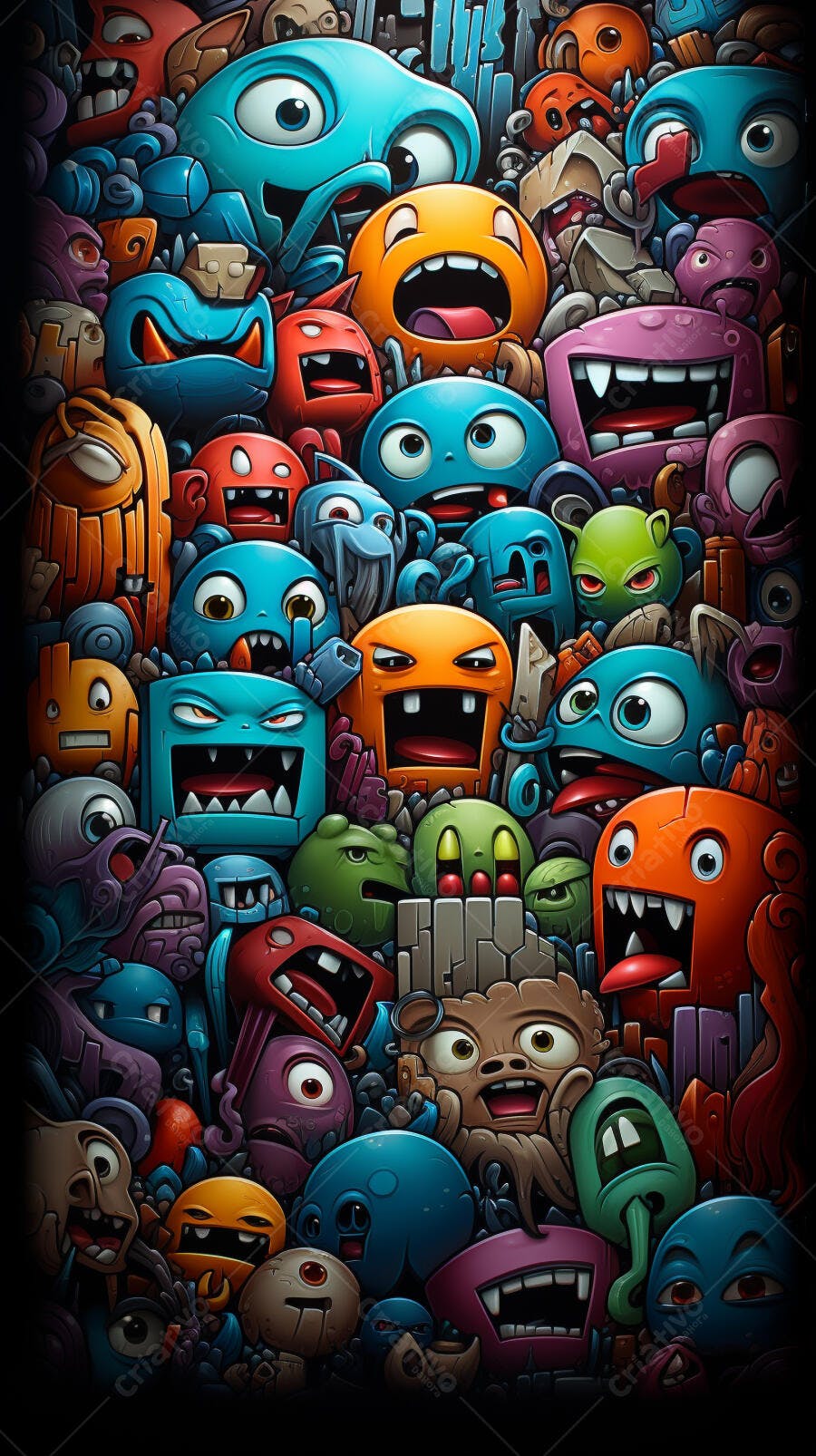 Monstros coloridos em arte digital vibrante