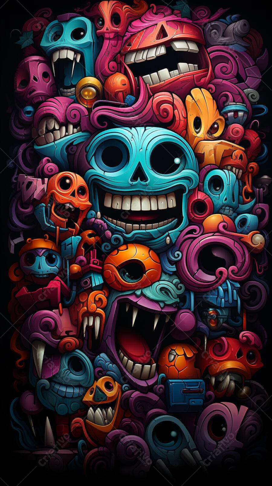 Arte digital com caveiras coloridas e personagens fantasiosos